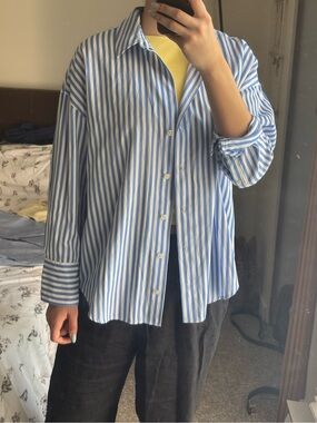 Zara Blue and White Striped Button-Down Shirt